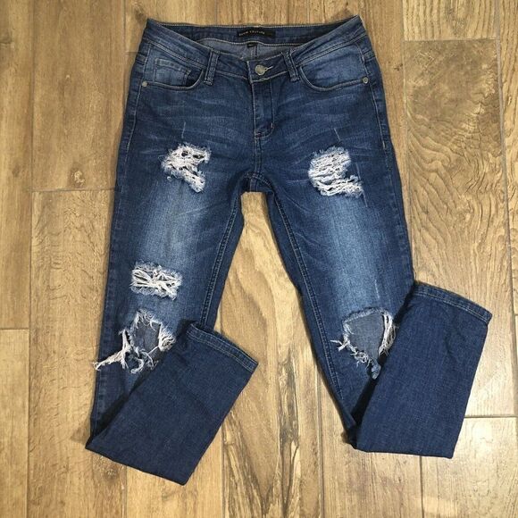 Denim Couture Red Mid Rise Distressed Blue Jeans Size 5 28X29 Skinny Frayed Rock - Picture 6 of 9